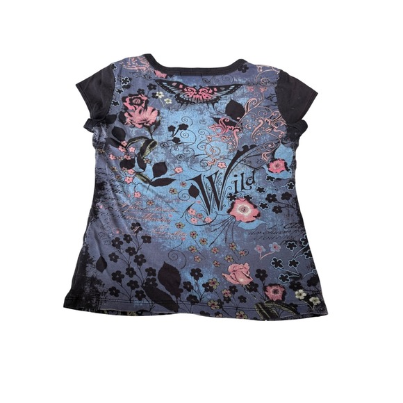 Womens Y2K Wild Flowers Butterfly Graphic Baby Tee Rhinestone Henley 2000s M - Picture 2 of 8